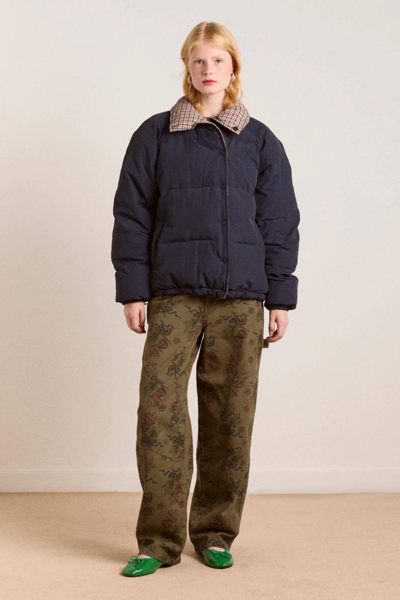 Reversible Opal Puffer - Navy & Check - Image 3
