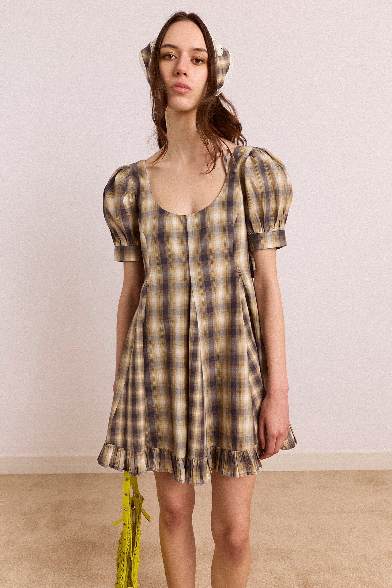 Sabina Mini Godet Dress - Cardamon Mix Check - Image 3