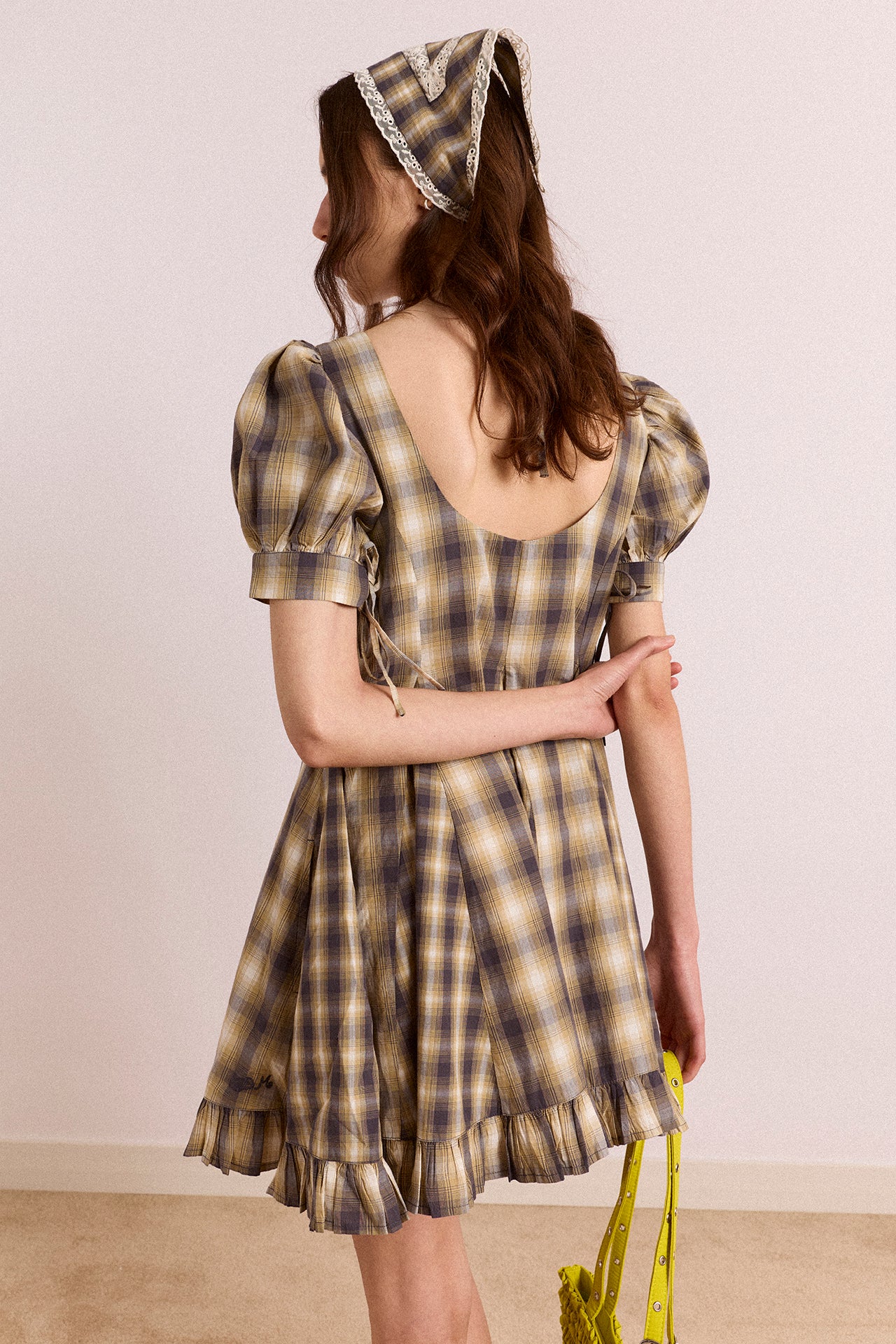 Sabina Mini Godet Dress - Cardamon Mix Check - Image 6