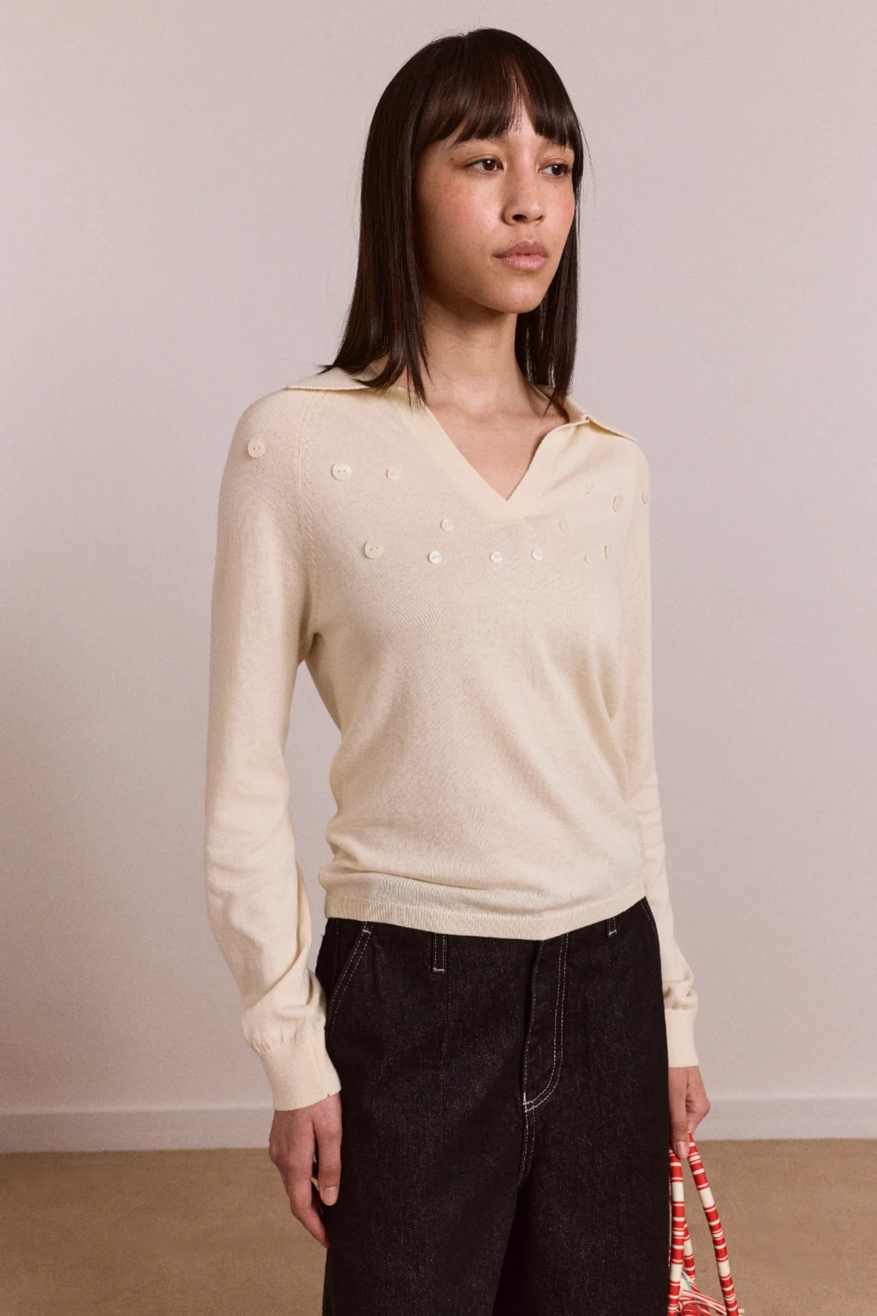 Silvia Cotton Merino Blend Button Knitted Top - Cream