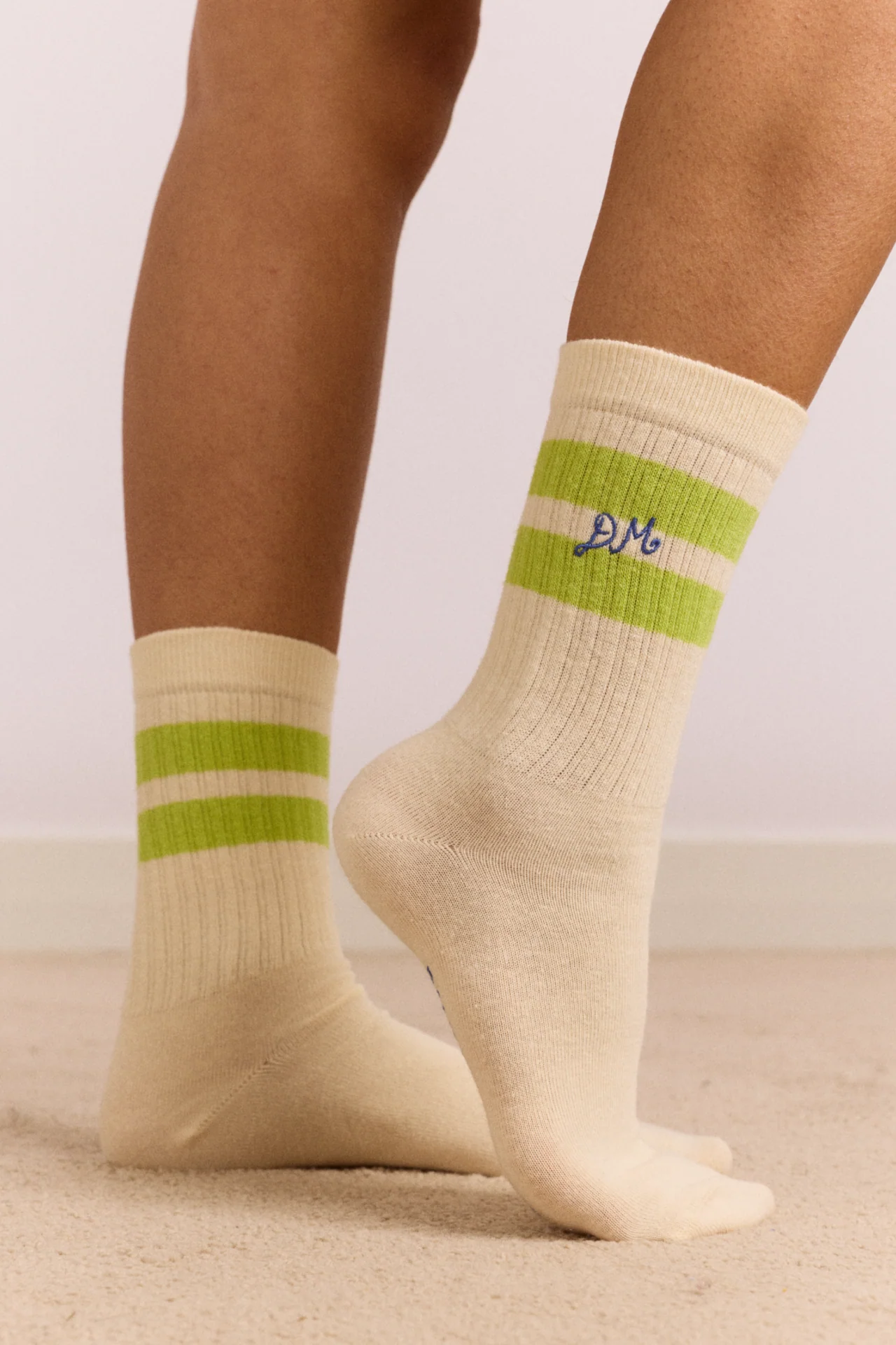 Sporty Calf Length Socks - Cream with Chartreuse Stripe