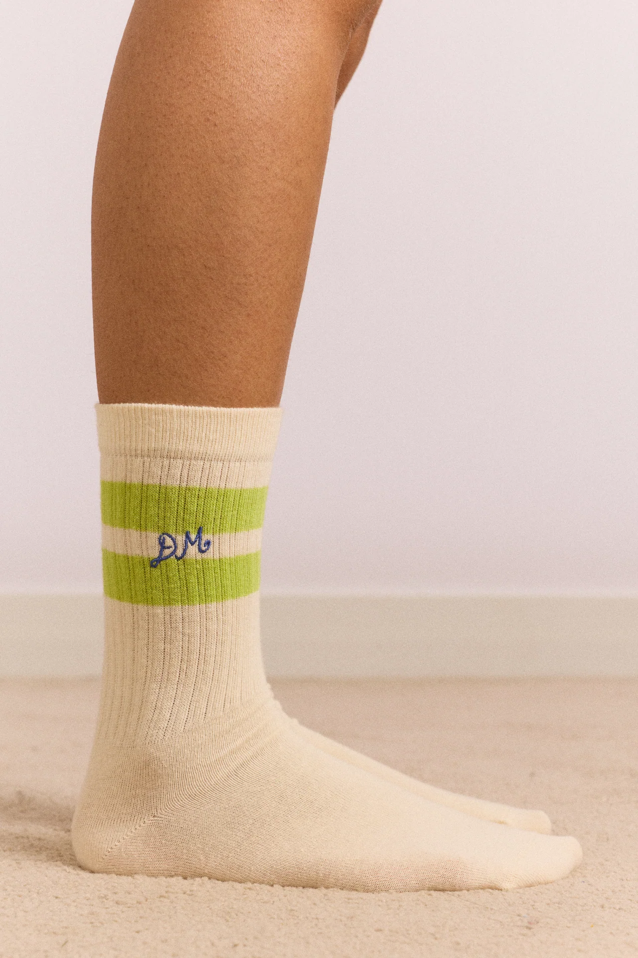 Sporty Calf Length Socks - Cream with Chartreuse Stripe - Image 2