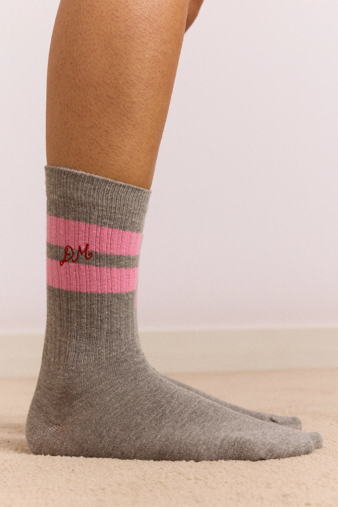 Sporty Calf Length Socks- Grey Marl with Pink Stripe - Image 2