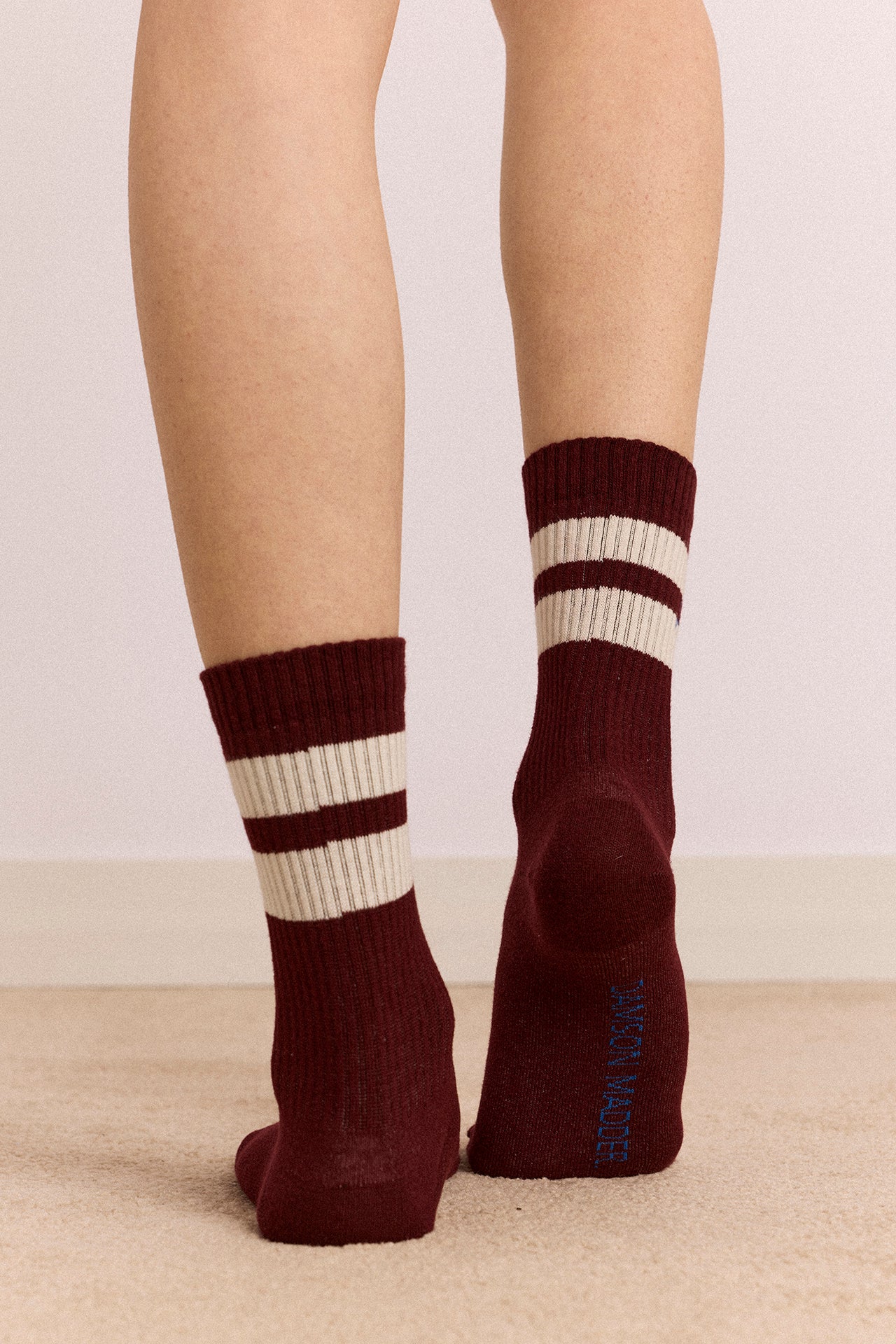 Sporty Calf Socks In Burg & Ecru Stripe - Image 3