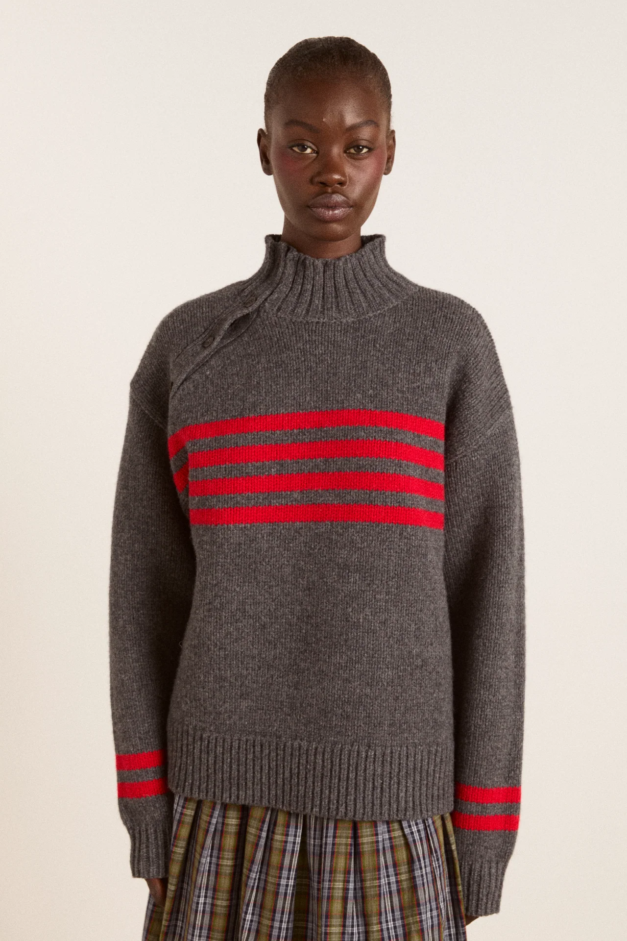 Tallulah High Neck Lambswool Jumper - Charcoal/Red