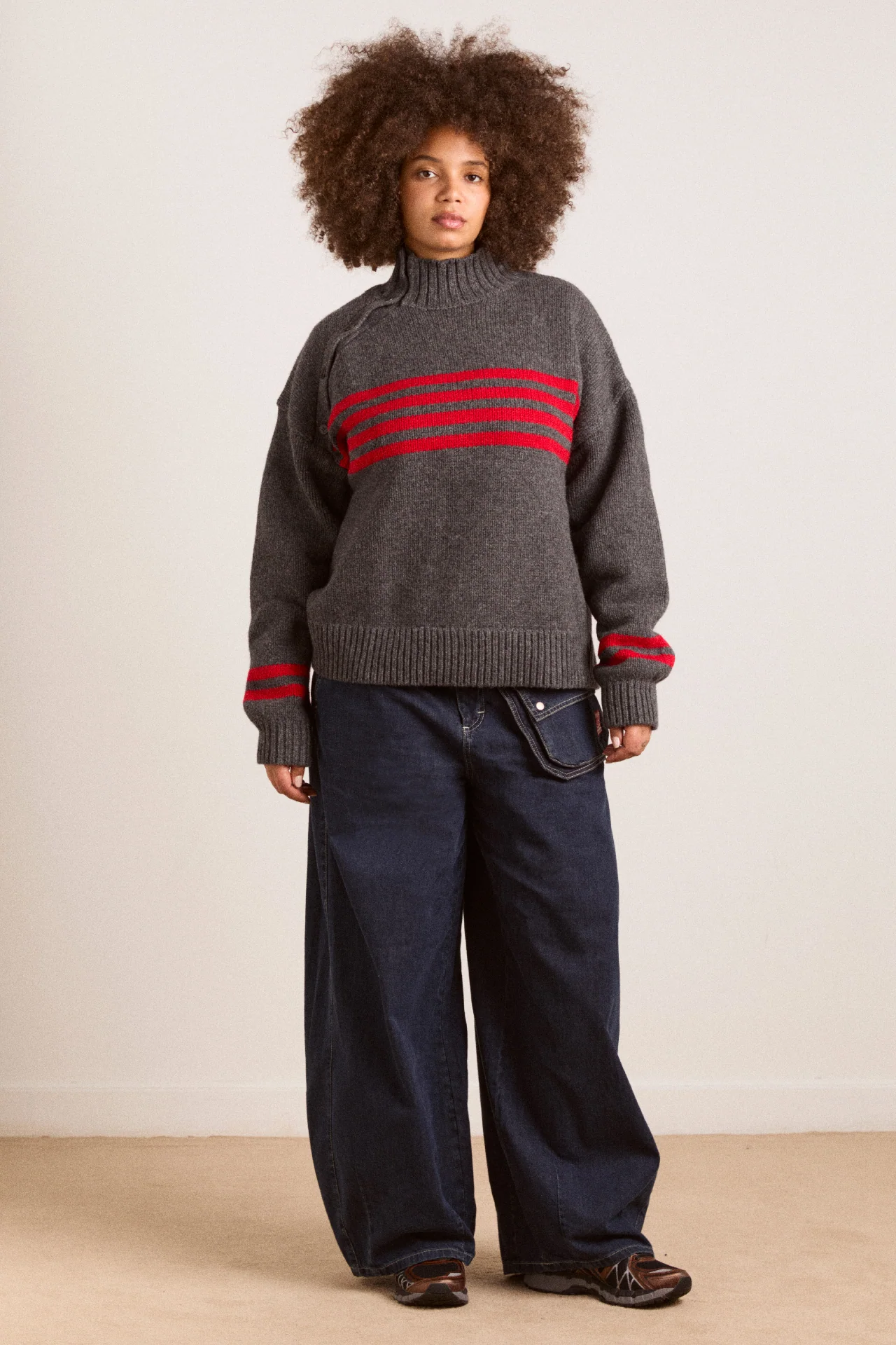 Tallulah High Neck Lambswool Jumper - Charcoal/Red - Image 2